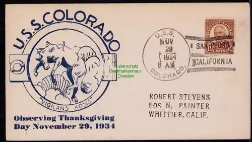 B18310 USA Brief Schmuckzudruck 1934 U. S. S. Colorado Observing Thanksgiving