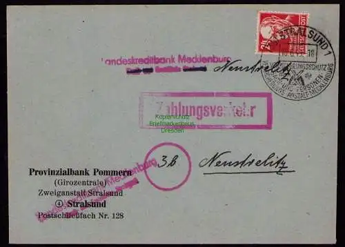 B18423 Brief Stralsund 1949  SST Versicherungsanstalt Zahlungsverkehr