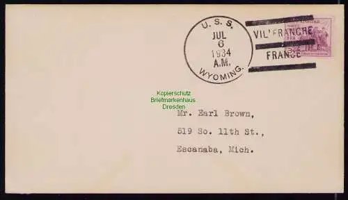 B18305 USA Brief 1934  U. S. S. Wyoming Villefranch France to Escanaba, Mich.