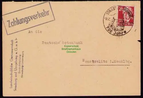 B18418 Brief Strasburg Uckermark 1950  SST 700 Jahre Zahlungsverkehr