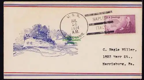 B18304 USA Brief mit Schmuckzudruck 1934  U. S. S. Wyoming Naples Italy to Harri