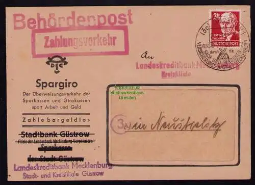 B18367 Brief Güstrow 1949 SST Versicherungsanstalt Zahlungsverkehr Behördenpost