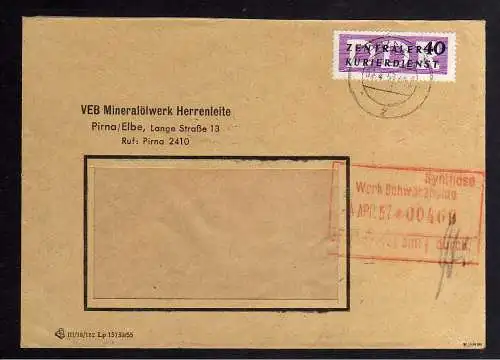 B1834 DDR ZKD 8 Brief VEB Mineralölwerk Herrenleite Pirna  geprüft BPP nach Schw