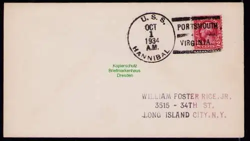 B18313 USA Brief 1934  U. S. S. Hannibal Portsmouth Virginia to Long Island City