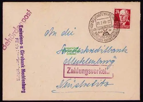 B18387 Brief Neubrandenburg 1949 SST Versicherungsanstalt Behördenpost Zahl