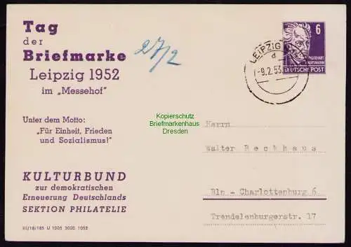 B18633 DDR Privatganzsache Köpfe 1953 mit Zudruck Einladung zu Vortrag Dietrich