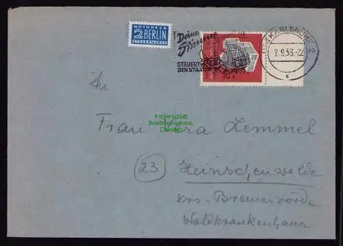 B18576 BRD Deutschland 1953 Brief Mi. 172 IFRABA Frankfurt  Karlsruhe nach Hei