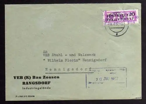 B1868 DDR ZKD 15 Kontrollnummer 4014 Brief Rangsdorf VEB (K) Bau Zossen geprüft