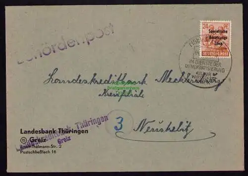 B18527 Brief Greiz 1949  SST Demokratisierung Wirtschaft Politik Behördenpost