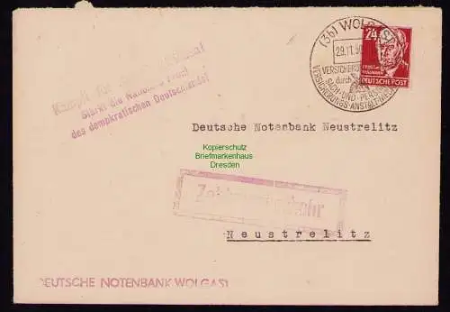 B18511 Brief Wolgast 1950  SST Versicherungsanstalt Zahlungsverkehr Propaganda