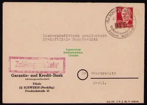 B18469 Brief Schwerin Meckl. 1949 SST DFD Völkerfreundschaft sichert Weltfrieden