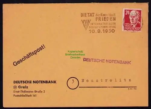 B18518 Brief Greiz 1950  Werbestempel VVN Gedenk- und Friedenstag Geschäftspost