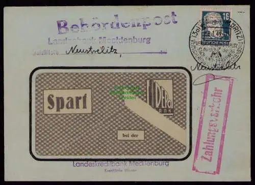 B18499 Brief Waren Müritz 1949  SST Versicherungsanstalt Zahlungsverkehr