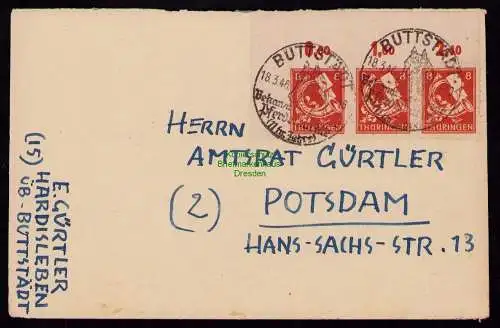 B18690 Brief SBZ Thüringen Buttstädt 18.3.46 1946 3x 98 MeF nach Potsdam