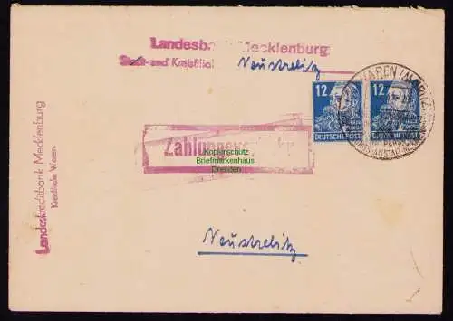 B18496 Brief Waren Müritz 1949  SST Versicherungsanstalt Zahlungsverkehr