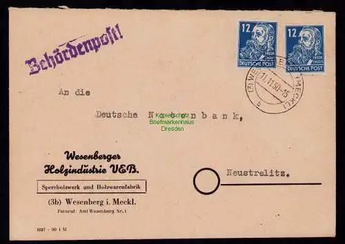 B18502 Brief Wesenberg i. Meckl.  1950   Behördenpost