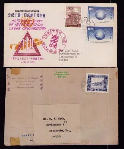 B18619 2x Brief Taiwan Formosa nach Schweden Catolic Mision Tien Chung