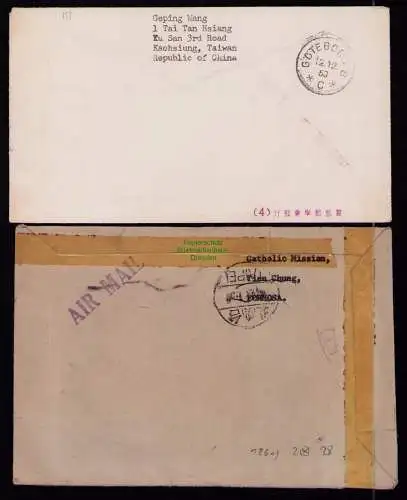 B18619 2x Brief Taiwan Formosa nach Schweden Catolic Mision Tien Chung