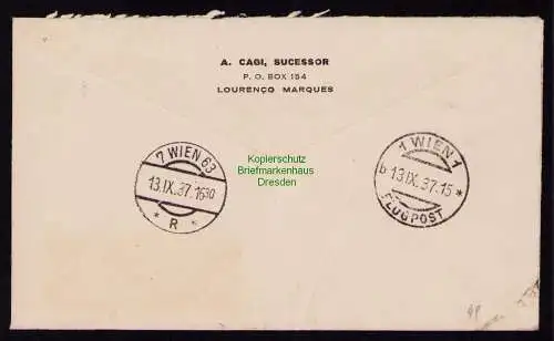 B18680 Brief Luftpost Mosambik 1937 Mocambique Lourenco Marques Maputo nach Wien