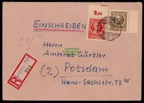 B18691 R-Brief SBZ Thüringen Einschreiben Rastenberg 27.2.46 1946 nach Potsdam