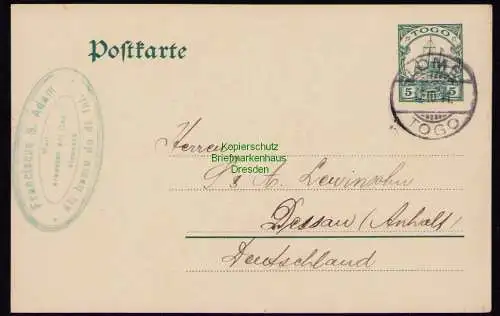 B18535 Togo Lome 1911 Ganzsache Bestellung Schuhwaren Versandhaus Dessau