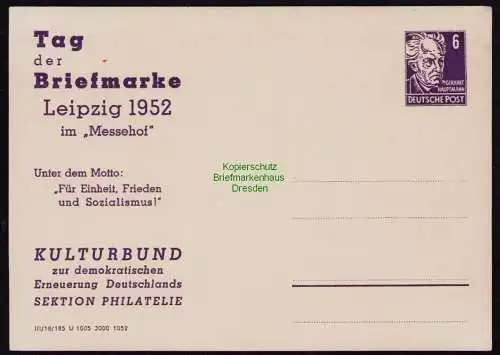 B18636 DDR Privatganzsache Köpfe 1953 mit Zudruck Einladung zu Vortrag Grallert