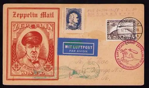 B18715 Karte Deutsches Reich DR 439 Südamerikafahrt 1930 Zeppelin Mail nach USA