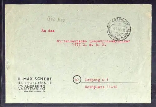 B212 SBZ Gebühr bezahlt 1946 Brief Ansprung über Marienberg S. Holzwarenfabrik