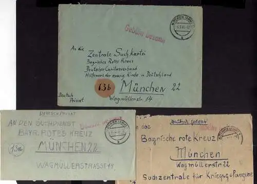 B2072 3x Brief SBZ Gebühr bezahlt 1946 Köthen Anh. Bayr. Rotes Kreuz München