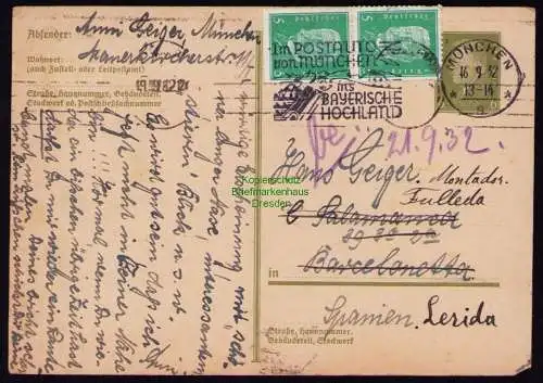 B18720 Ganzsache Postkarte Deutsches Reich München 1932 nach Spanien