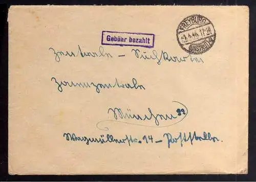 B2057 Brief SBZ Gebühr bezahlt 1946 Freyburg Unstrut Bayr. Rotes Kreuz Suchkarte