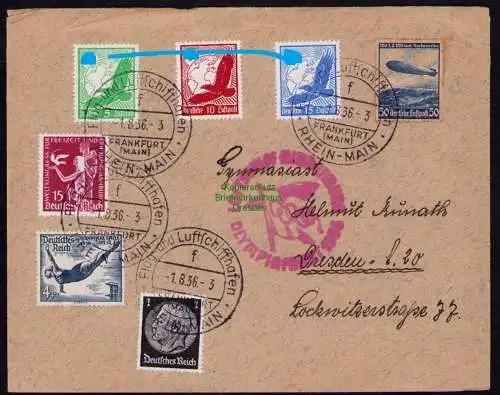 B18705 Brief Deutsches Reich 1936 Luftschiff Hindenburg Olympiafahrt Berlin