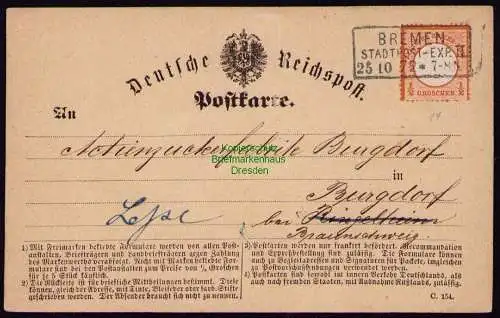 B18716 Postkarte Deutsches Reich 3 Bremen Stadtpost Exp. II 25.10. 1872 Burgdorf