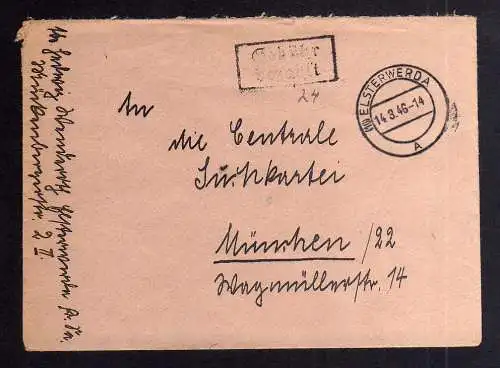 B2056 Brief SBZ Gebühr bezahlt 1946 Elsterwerda A Bayr. Rotes Kreuz Suchkartei M