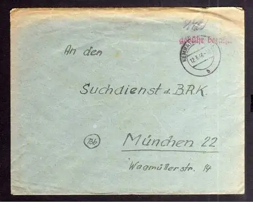 B2023 Brief SBZ Gebühr bezahlt 1946 Kemnath Bayr. Rotes Kreuz Suchkartei