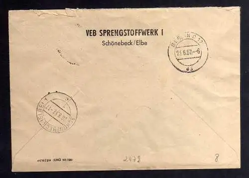 B2479 Brief DDR ZKD 11 7013 1957 VEB Sprengstoffwerk Schönebeck Elbe nach Berlin