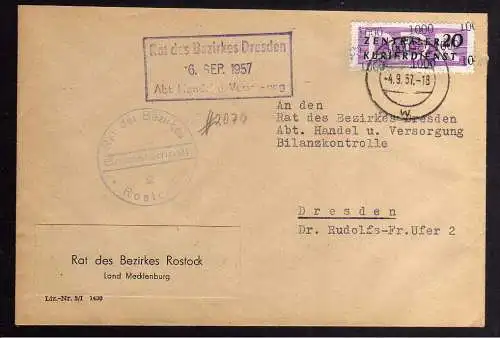 B2428 Brief DDR ZKD 11 1000 1957 Rat des Bezirkes Rostock nach Rat des Bezirkes