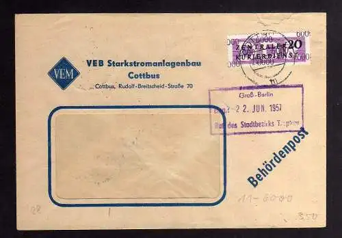 B2466 Brief DDR ZKD 11 6000 1957 VEB Starkstromanlagen Cottbusnach Berlin O 17