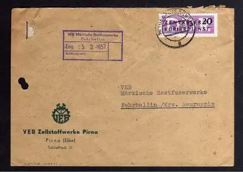 B2407 Brief DDR ZKD 7 1957 VEB Zellstoffwerke Pirna n. Märkische Bastfaserwerke