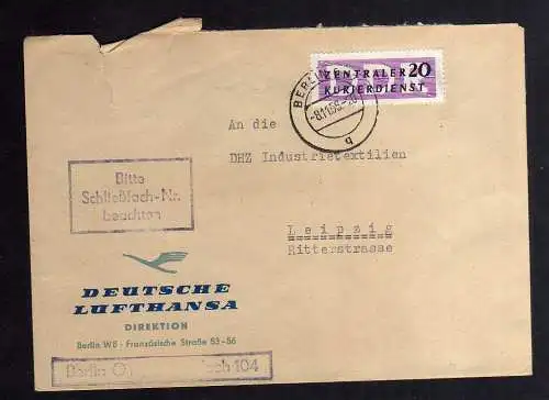 B2411 Brief DDR ZKD 7 1956 Deutsche Lufthansa Direktion Berlin nach Leipzig DHZ