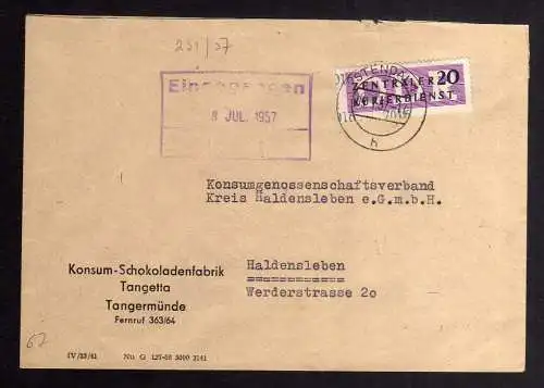 B2481 Brief DDR ZKD 11 7016 1957 Konsum Schokoladenfabrik Tangetta Tangermünde