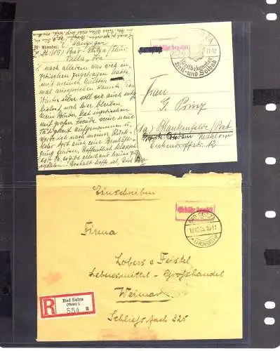 B241 2x SBZ Gebühr bezahlt 1945 Bad Sulza Einschreiben + Postkarte