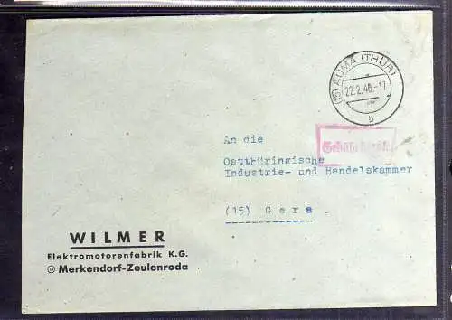 B221 SBZ Gebühr bezahlt 1946 Auma Wilmer Elektromotorenfabrik Merkendorf Zeulenr