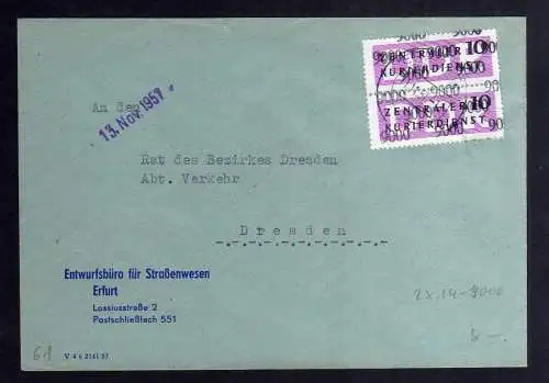 B2537 Brief DDR ZKD 2x 14 9000 1957 Erfurt Entwurfsbüro Straßenwesennach Dresden