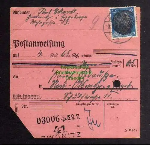 B2891 Sächsische Schwärzung 1945 Postanweisung 41 Zwönitz - Oelsnitz Erzgeb. 2.7