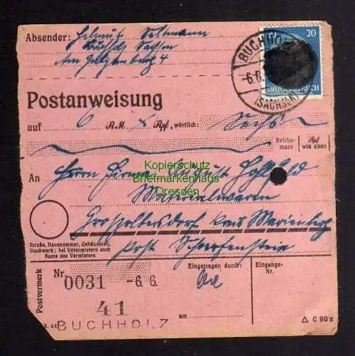 B3029 Sächsische Schwärzung 1945 Postanweisung 41 Buchholz - Großolbersdorf