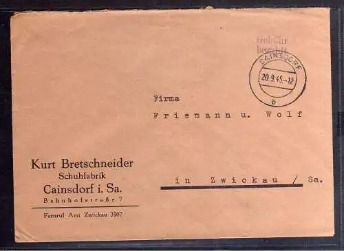 B291 SBZ Brief Gebühr bezahlt 1945 Cainsdorf Schuhfabrik Cainsdorf