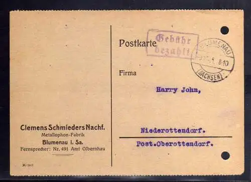 B271 SBZ Gebühr bezahlt 1945 Blumenau Sachsen Amt Olbernhau Metallophon Fabrik