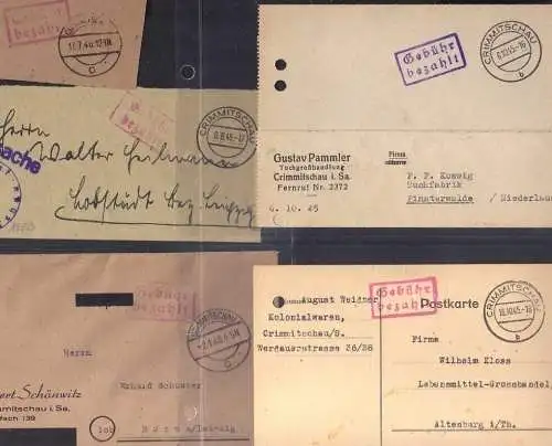 B302 5x SBZ Brief Karte Gebühr bezahlt 1945 Crimmitschau Postsache Tuchgroßhandl