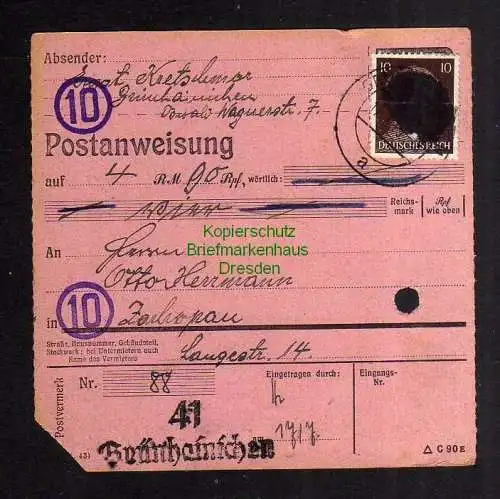 B2836 Sächsische Schwärzung 1945 Postanweisung 41 Grünhainichen - Zschopau 17.7.